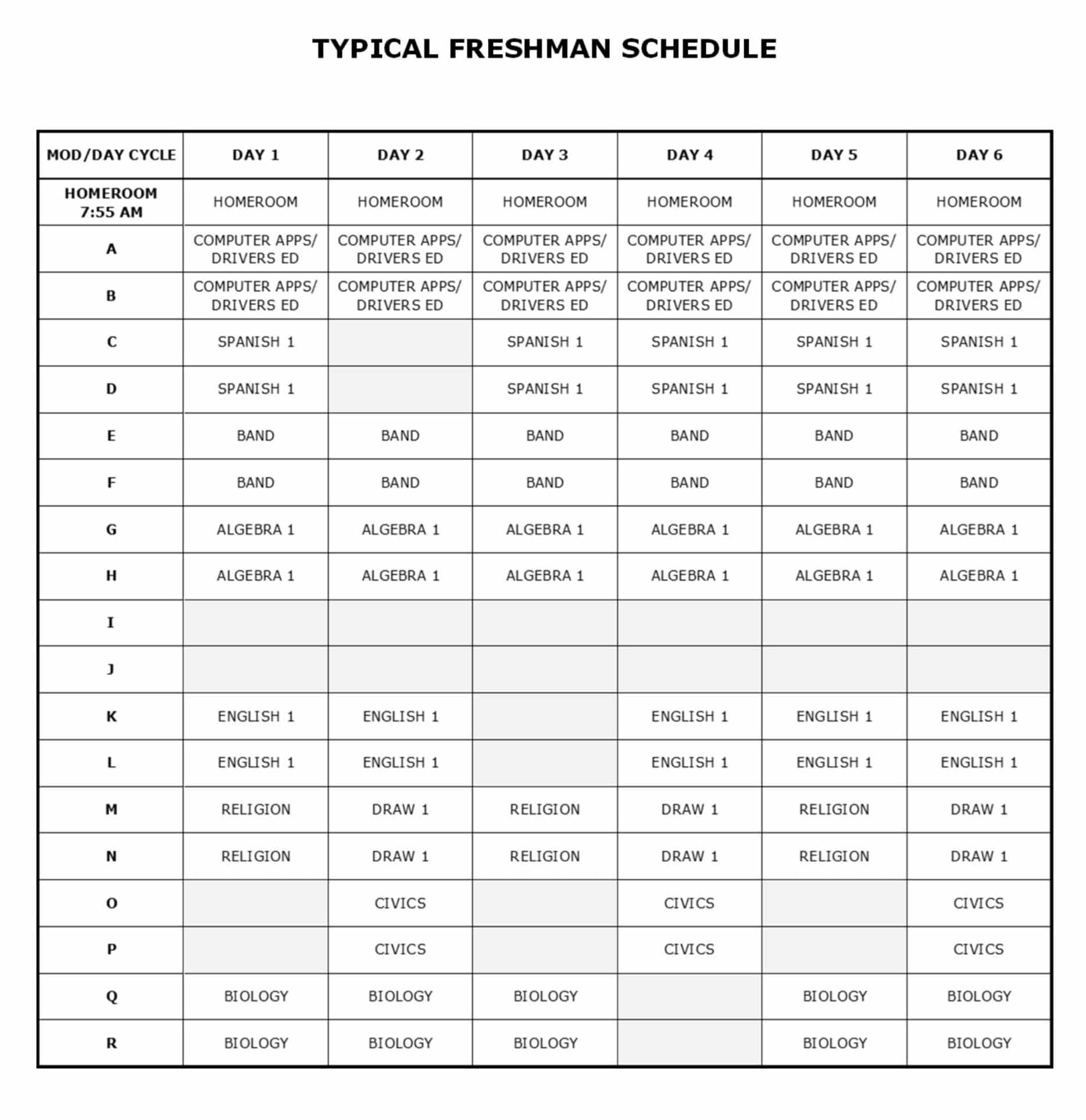 Table of Typical Freshman Schedule