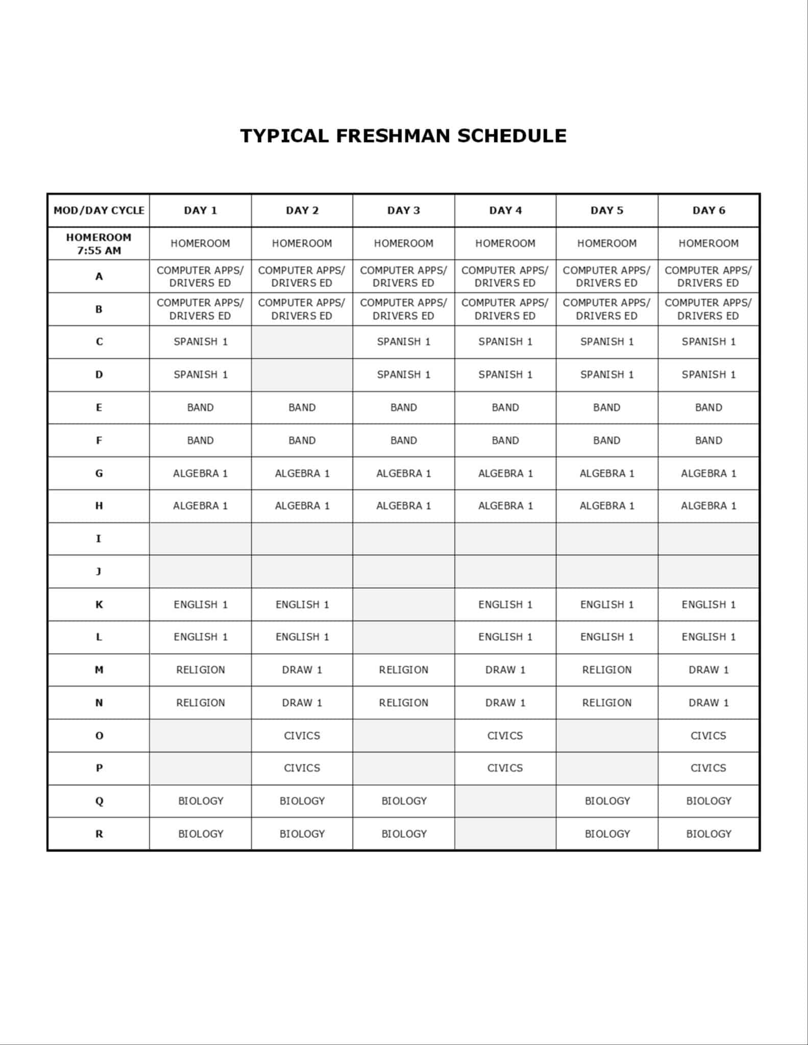 Table of Typical Freshman Schedule